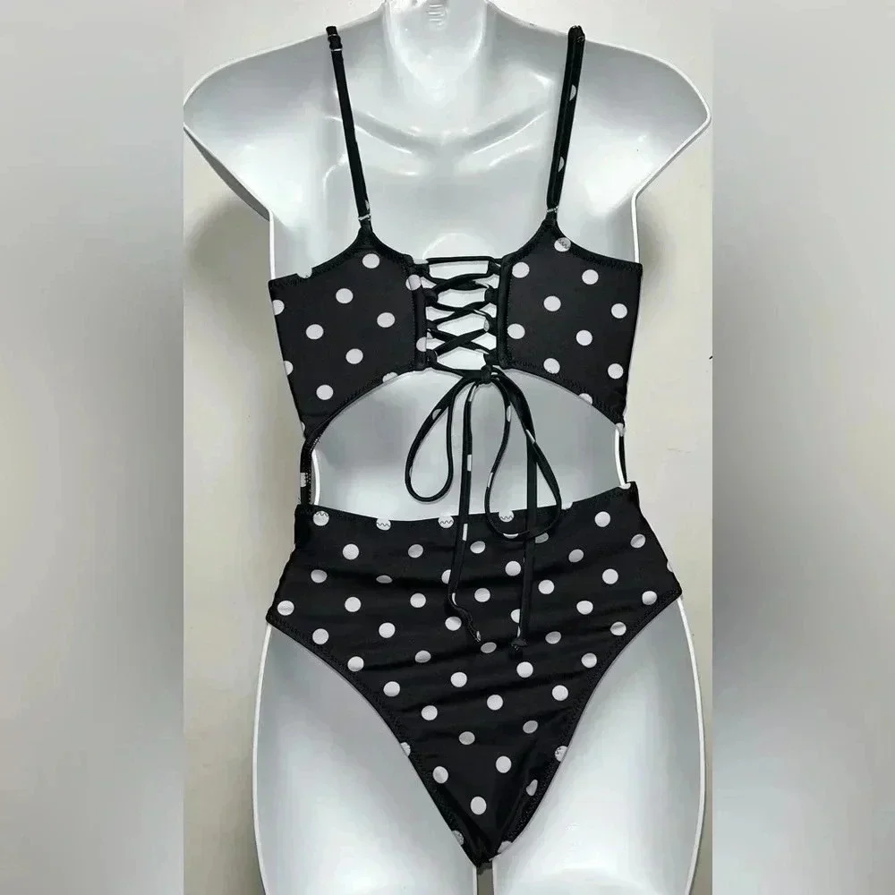 Womens Scoop Neck Cut Out Front Lace Up Back High Cut One Piece …